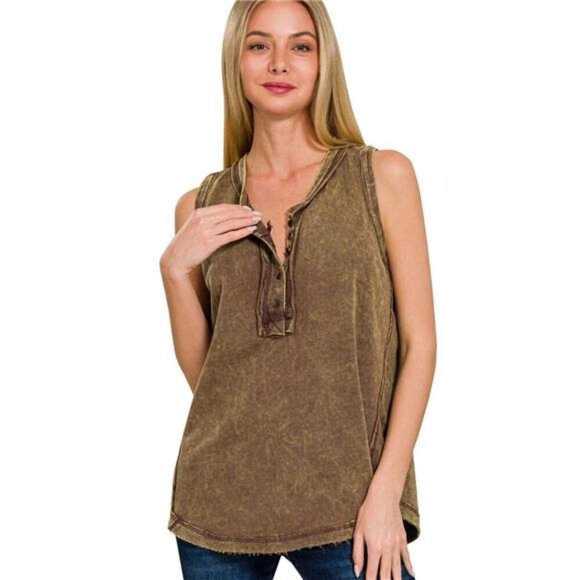 Zenana Washed Half-Button Raw Edge Sleeveless Henley Top - Picture 1 of 3
